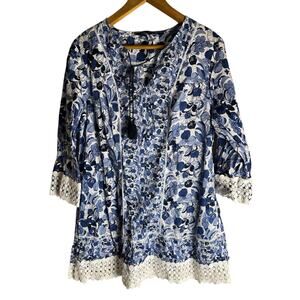 C Wonder Boho Floral Blue Style Cottage Pullover Tunic Women's Blouse Sz 18W